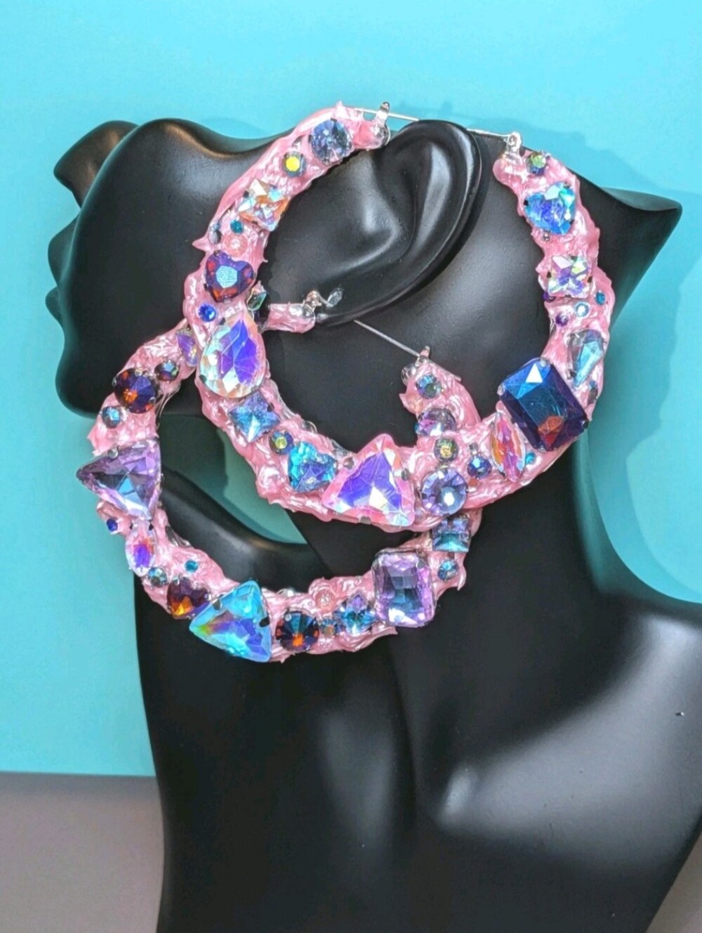 Hand Crafted Pink Iridescent Decadon Large Crystal Xl Hoop Earrings For Women
